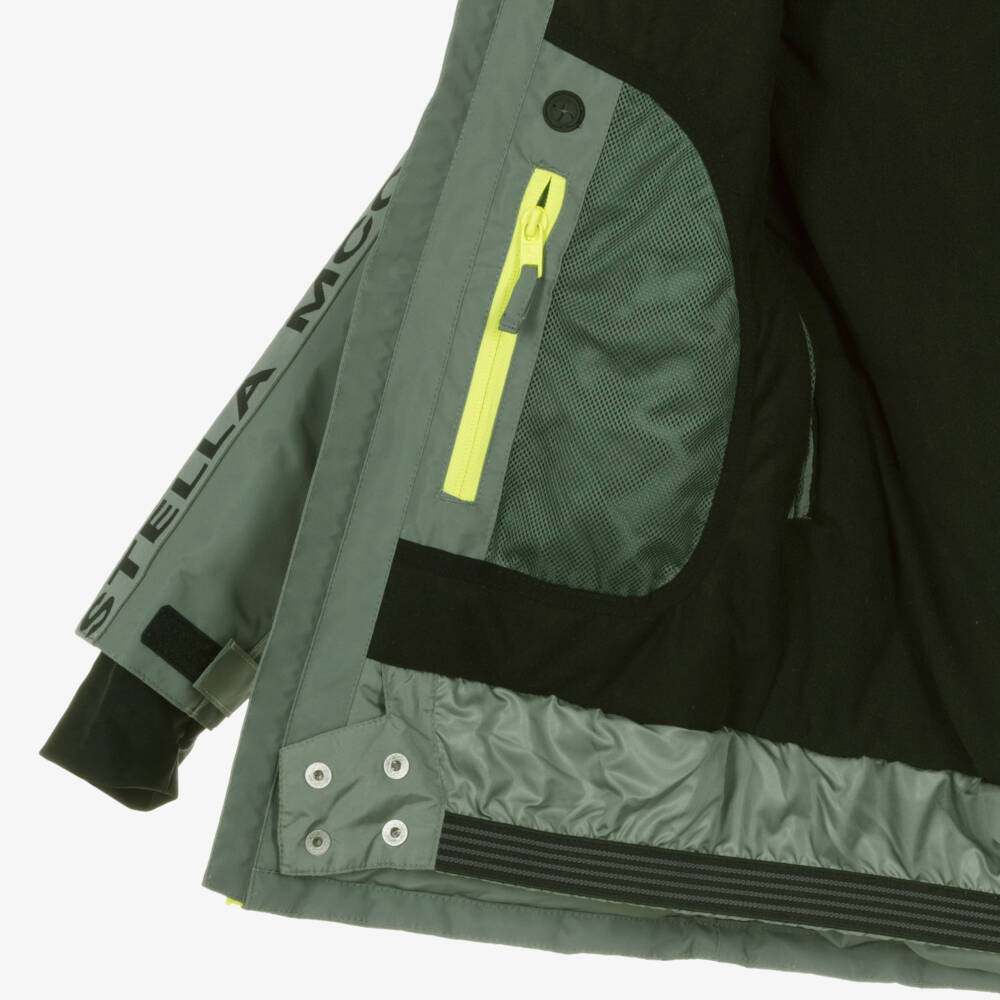 Stella McCartney Kids-Boys Khaki Green Ski Jacket With Neon Yellow Detailing | Childrensalon