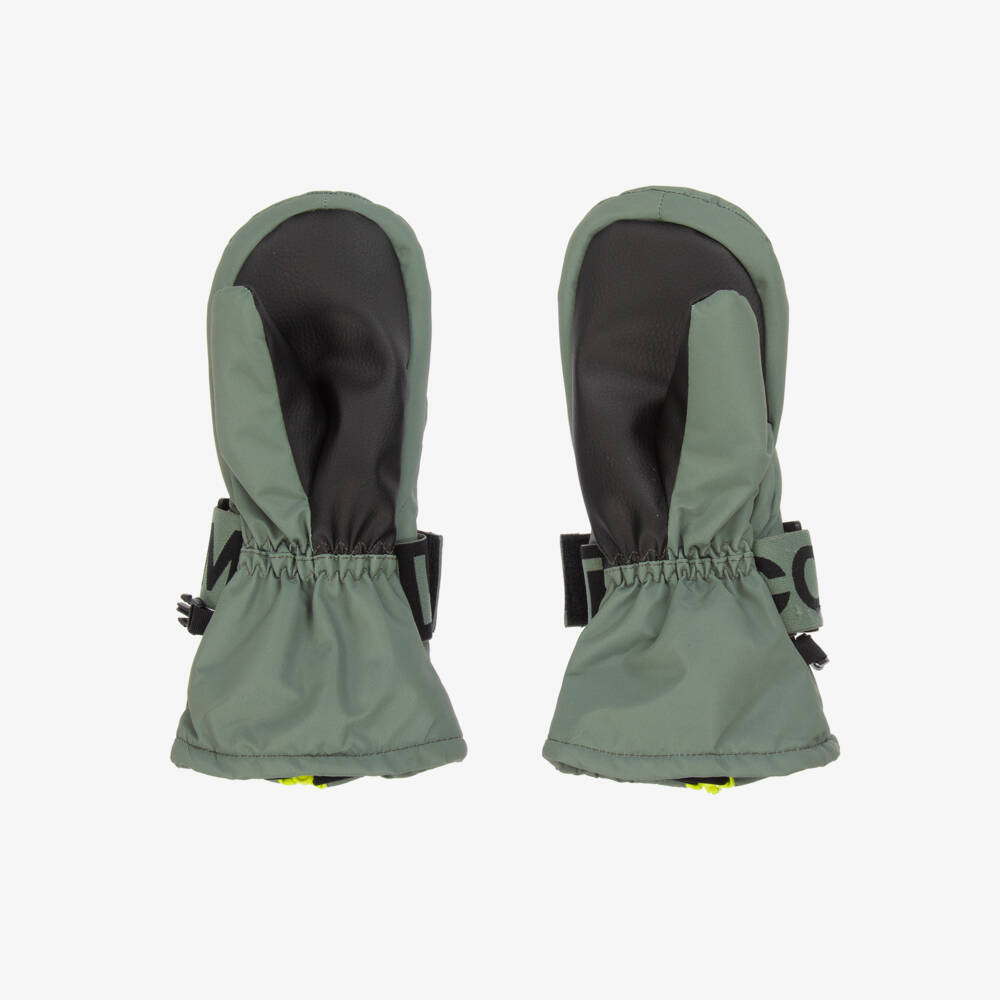 Stella McCartney Kids-Лыжные варежки зеленые хаки с логотипом на ремешках для мальчиков | Childrensalon