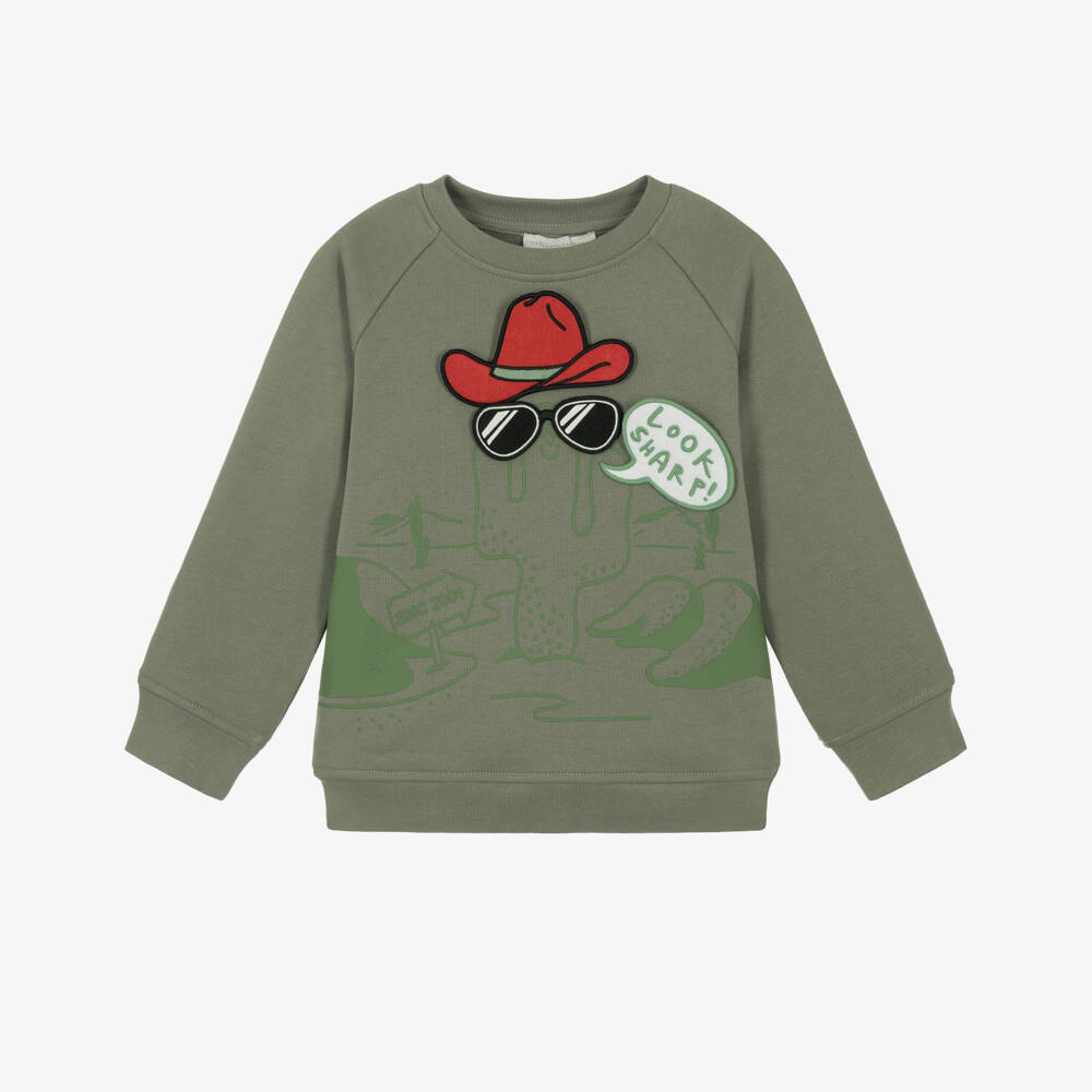 Stella McCartney Kids-Boys Moss Green Cactus Sweatshirt with Velcro Patches | Childrensalon