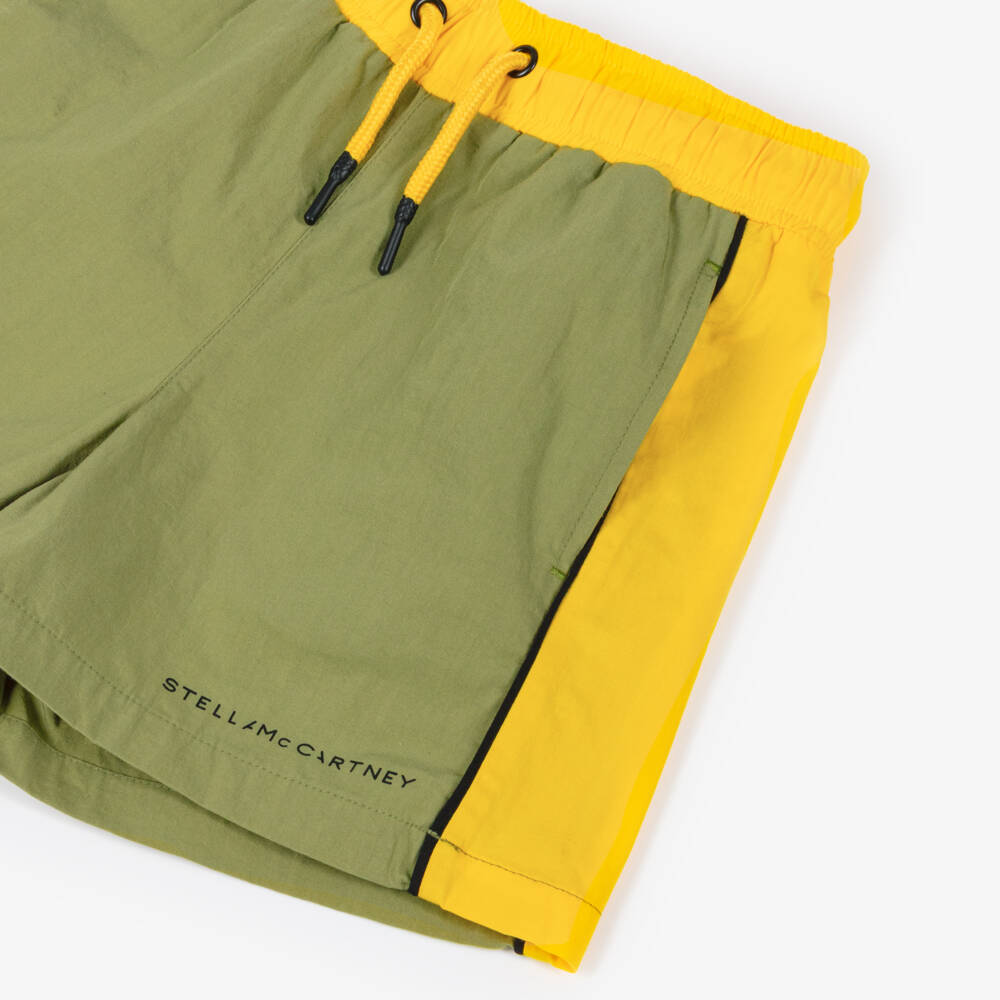 Stella McCartney Kids-Boys Olive Green & Bright Yellow Colourblock Shorts | Childrensalon