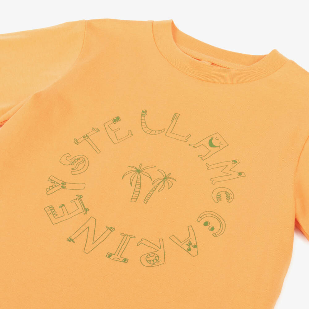 Stella McCartney Kids-Boys Orange Cotton Logo Print T-Shirt | Childrensalon