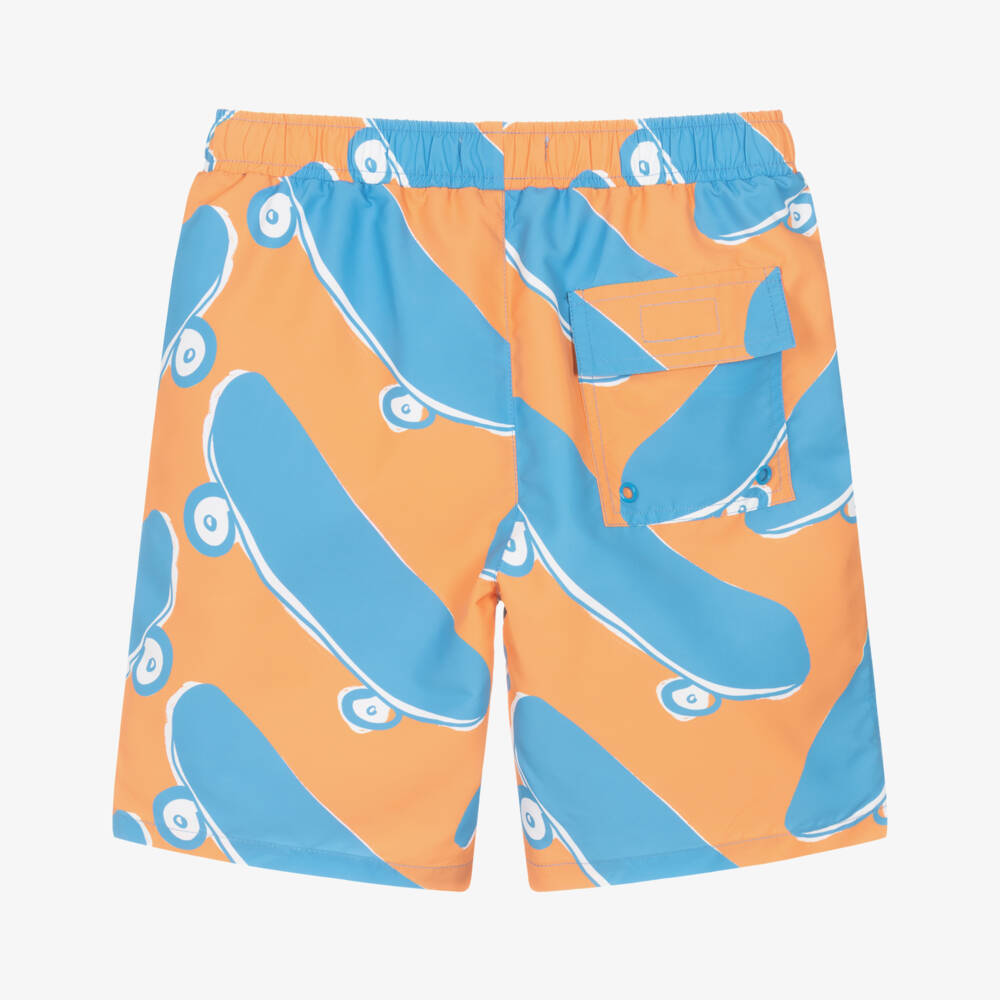 Stella McCartney Kids-Boys Orange Skateboard Print Swim Shorts | Childrensalon