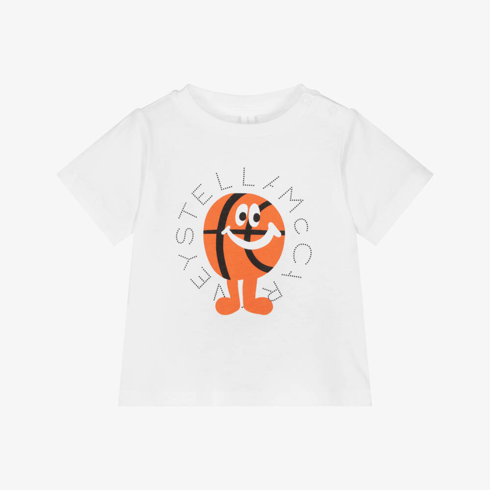 Stella McCartney Kids-Boys White Cotton Basket Ball & Logo Print T-Shirt | Childrensalon