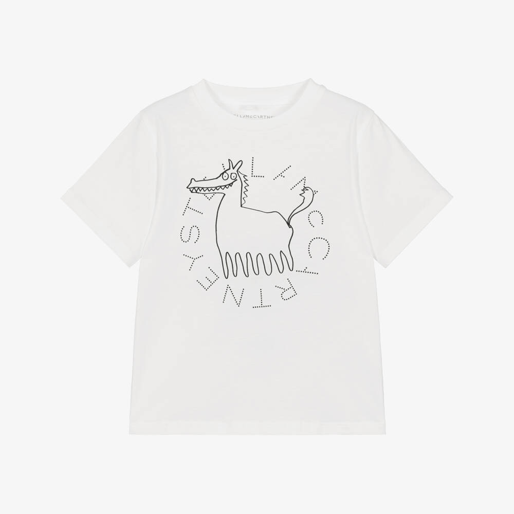 Stella McCartney Kids-Boys White Cotton Horse & Logo T-Shirt | Childrensalon