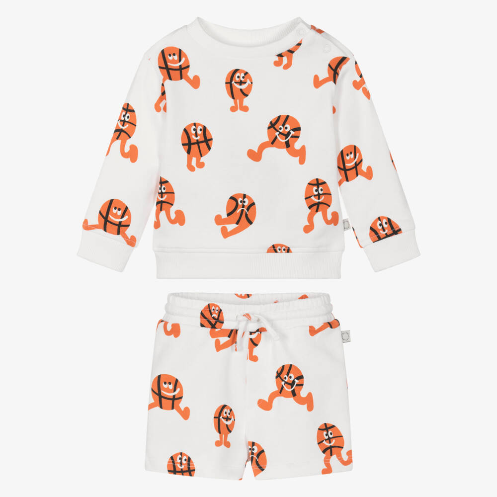 Stella McCartney Kids-Boys White Cotton Shorts Set with Basketball Characters | Childrensalon