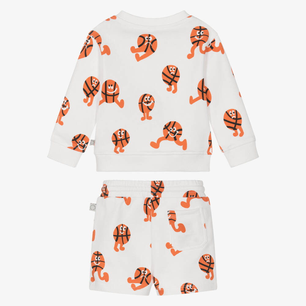 Stella McCartney Kids-Boys White Cotton Shorts Set with Basketball Characters | Childrensalon