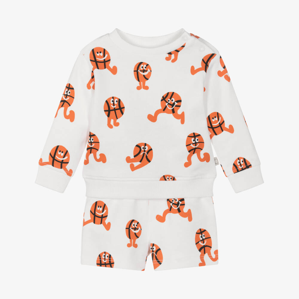 Stella McCartney Kids-Boys White Cotton Shorts Set with Basketball Characters | Childrensalon
