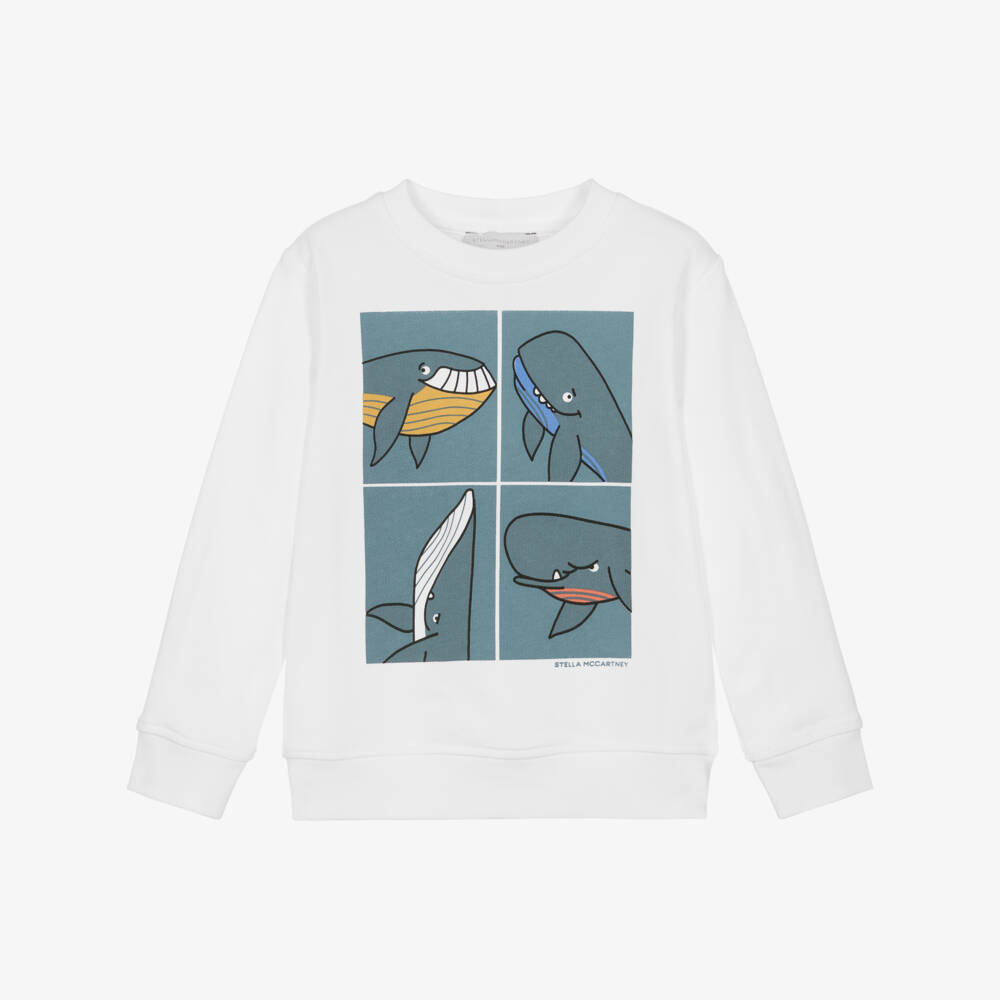 Stella McCartney Kids-Boys White Cotton Sweatshirt with Whale Graphic | Childrensalon