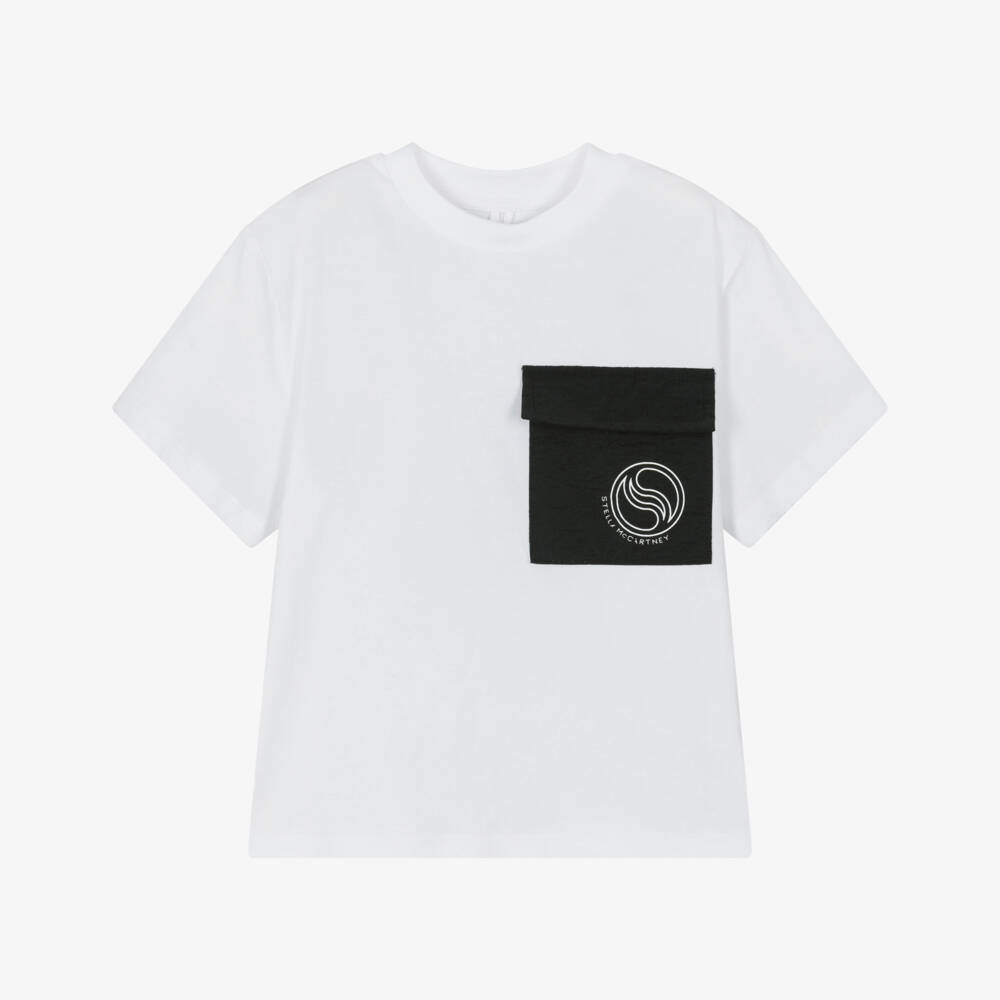 Stella McCartney Kids-Boys White Cotton T-Shirt with Black Chest Pocket | Childrensalon
