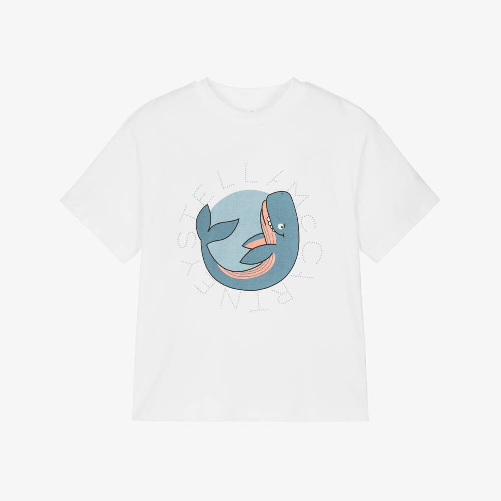 Stella McCartney Kids-Boys White Cotton T-Shirt with Circular Whale Logo | Childrensalon