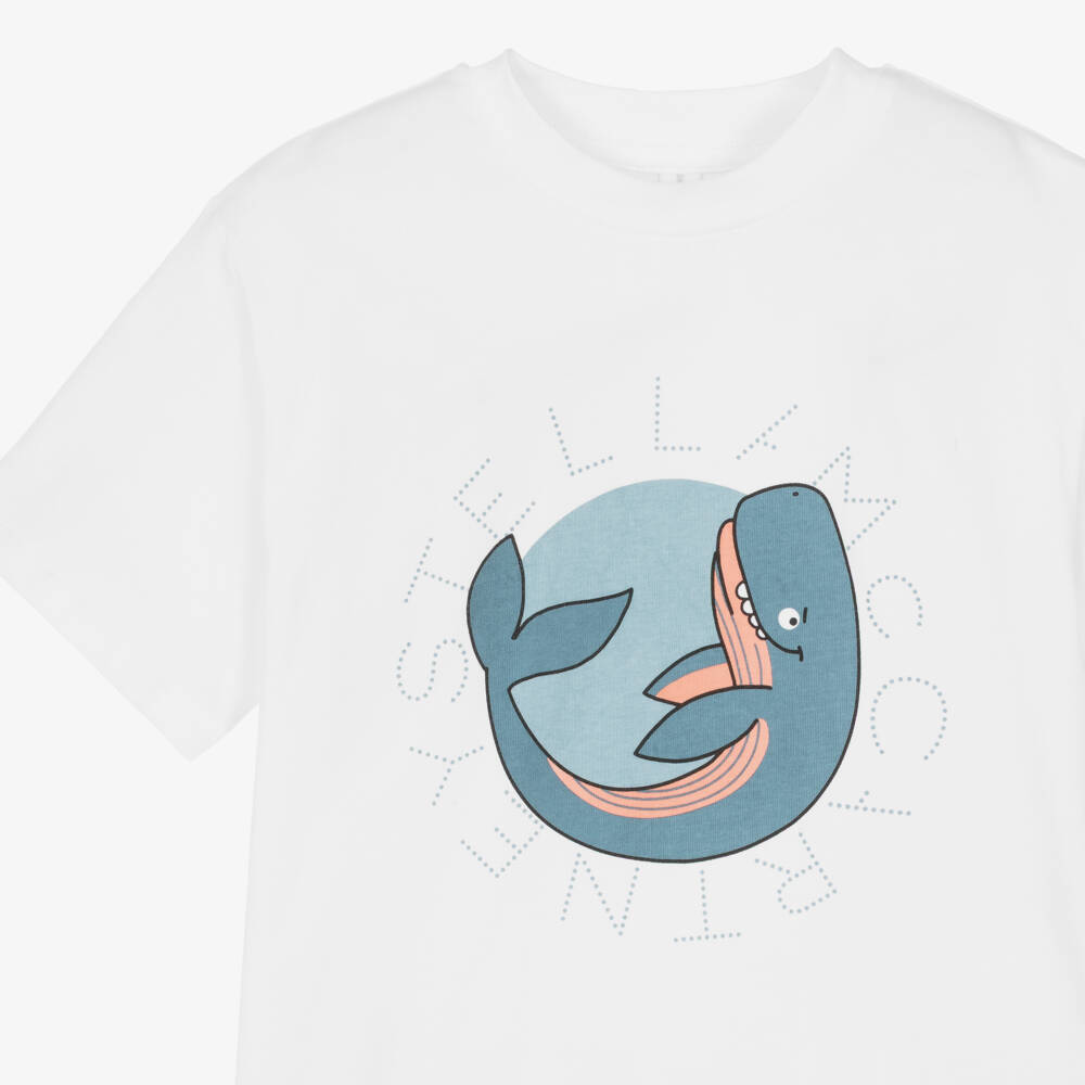 Stella McCartney Kids-Boys White Cotton T-Shirt with Circular Whale Logo | Childrensalon