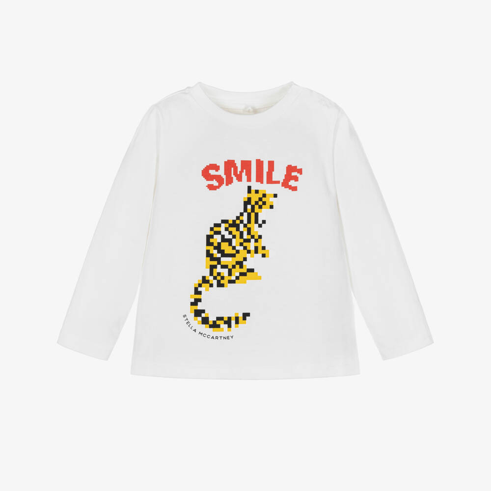 Stella McCartney Kids-Boys White Cotton Top with Pixelated Tiger | Childrensalon