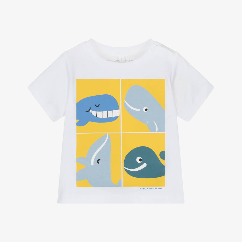 Stella McCartney Kids-Boys White Cotton Whale Print T-Shirt | Childrensalon