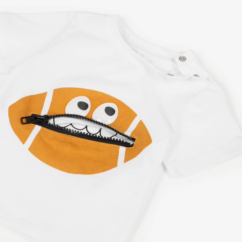 Stella McCartney Kids-Boys White Cotton Zipped Football Motif T-Shirt | Childrensalon