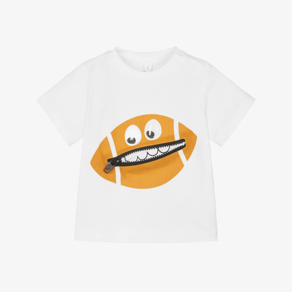 Stella McCartney Kids-Boys White Cotton Zipped Football Motif T-Shirt | Childrensalon