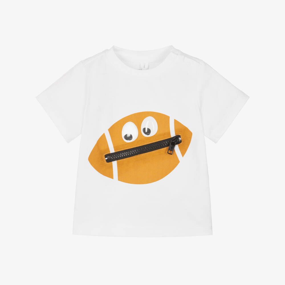 Stella McCartney Kids-Boys White Cotton Zipped Football Motif T-Shirt | Childrensalon