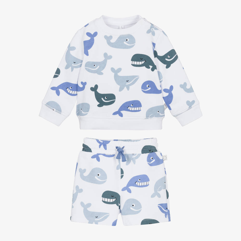 Stella McCartney Kids-Boys White Jersey Shorts Set with Blue Whale Print | Childrensalon