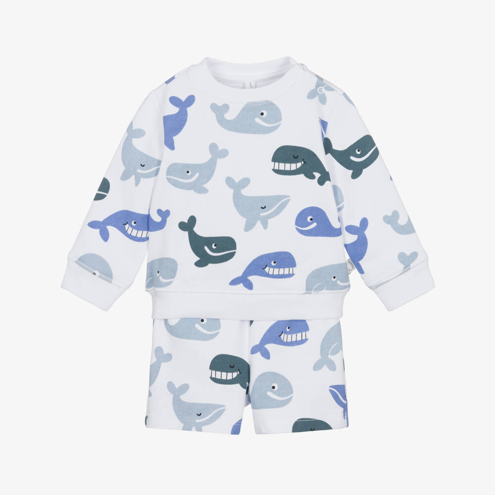 Stella McCartney Kids-Boys White Jersey Shorts Set with Blue Whale Print | Childrensalon