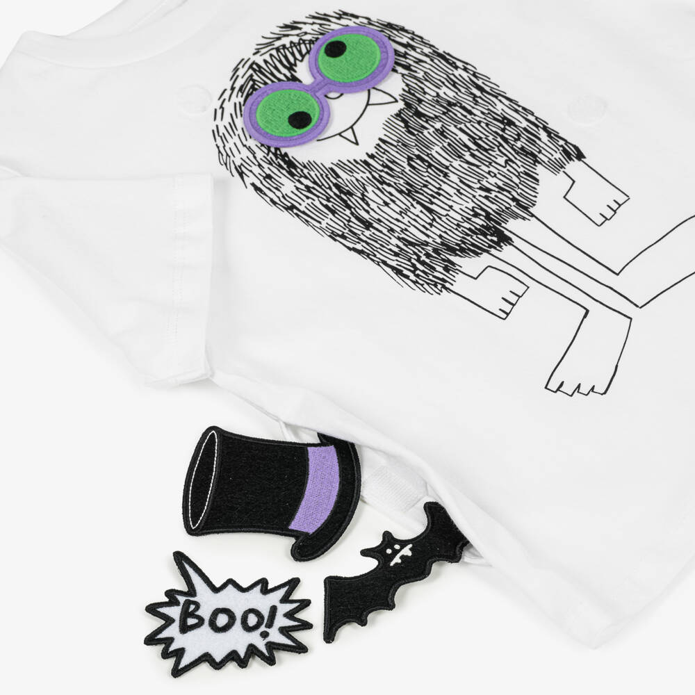 Stella McCartney Kids-Boys White Monster T-Shirt with Halloween Velcro Patches | Childrensalon