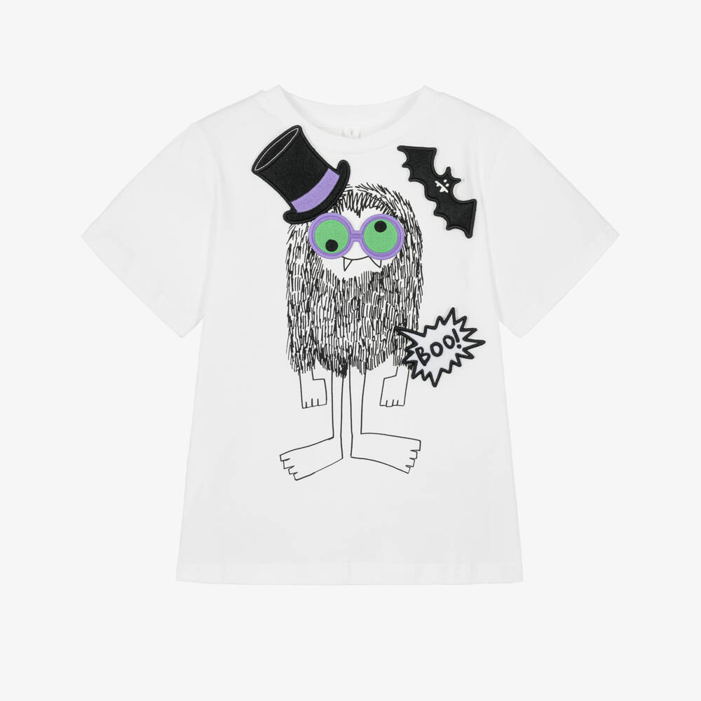 Stella McCartney Kids-Boys White Monster T-Shirt with Halloween Velcro Patches | Childrensalon