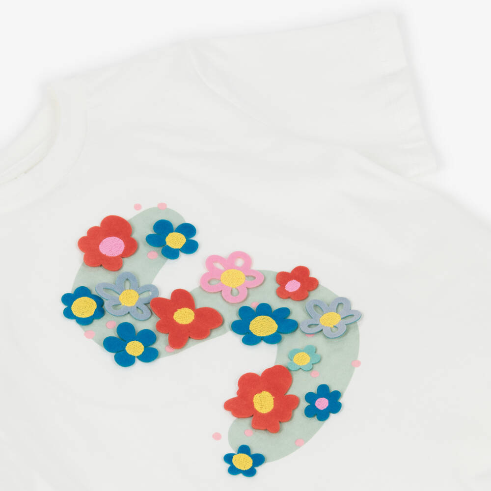Stella McCartney Kids-Girl Ivory Cotton T-Shirt with Flower Logo | Childrensalon