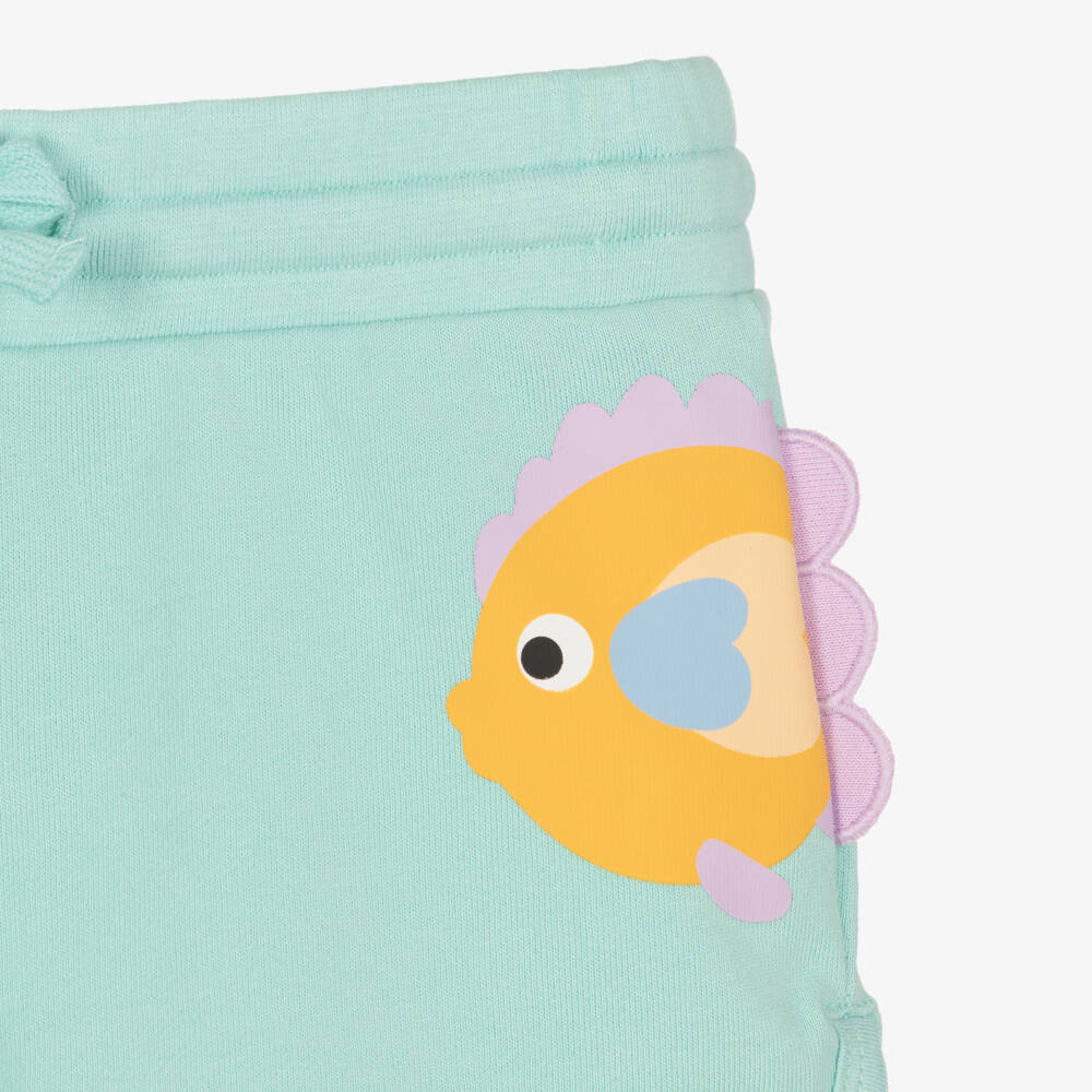 Stella McCartney Kids-Girls Aqua Blue Cotton Shorts Set with Fish Print | Childrensalon