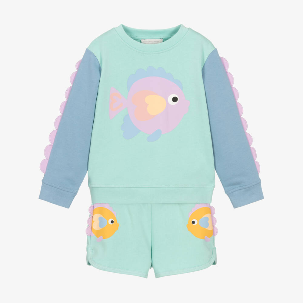 Stella McCartney Kids-Girls Aqua Blue Cotton Shorts Set with Fish Print | Childrensalon