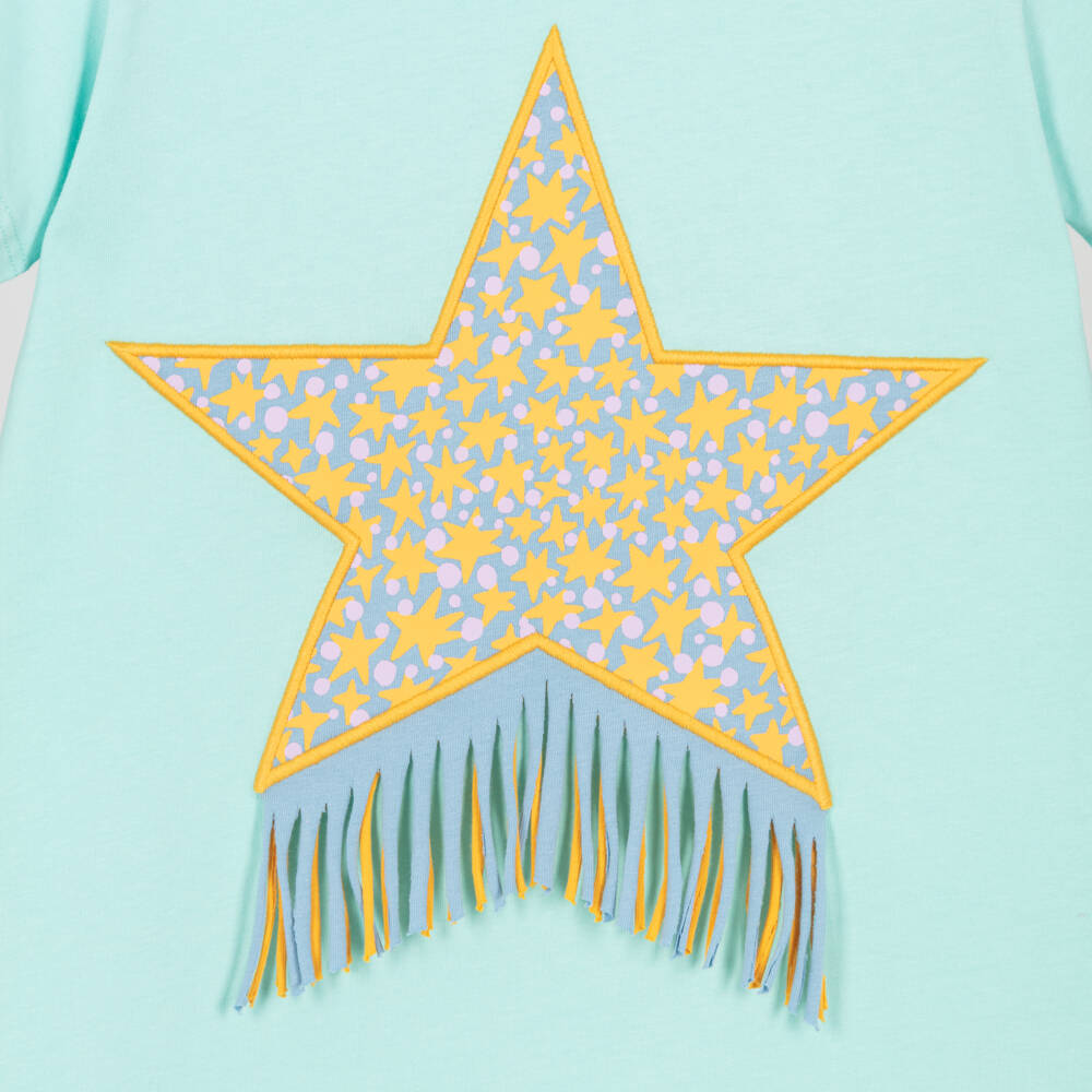 Stella McCartney Kids-Girls Aqua Blue Cotton T-Shirt Dress with Star Motif | Childrensalon