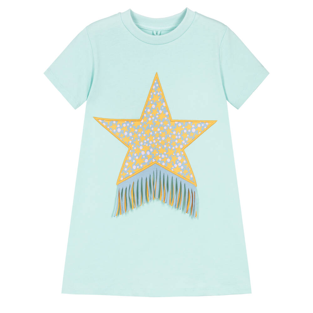 Stella McCartney Kids-Girls Aqua Blue Cotton T-Shirt Dress with Star Motif | Childrensalon