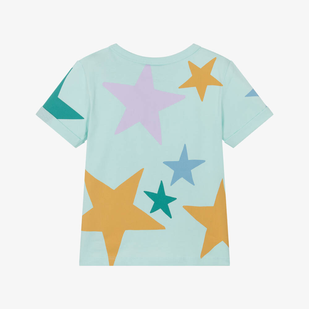Stella McCartney Kids-Girls Aqua Blue Star Print Cotton T-Shirt | Childrensalon
