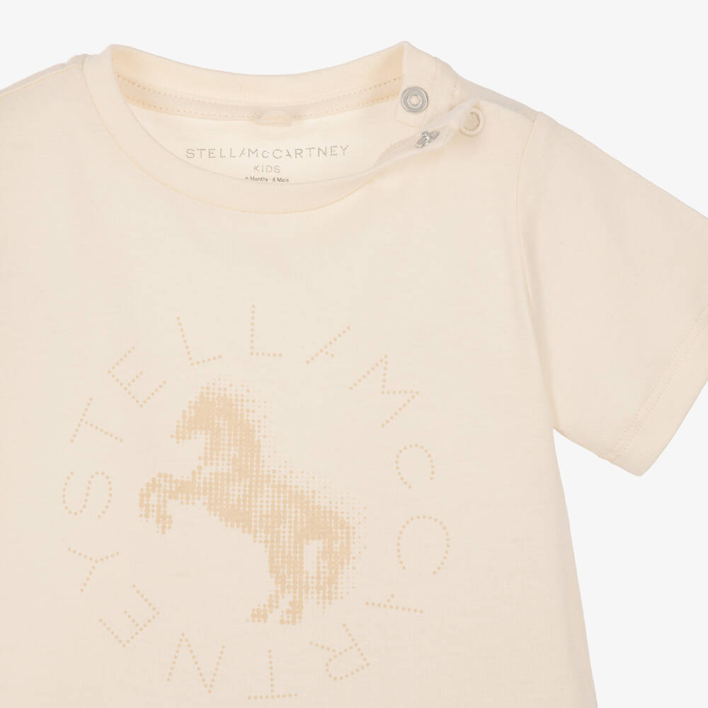 Stella McCartney Kids-Girls Beige Cotton T-Shirt with Horse Logo | Childrensalon