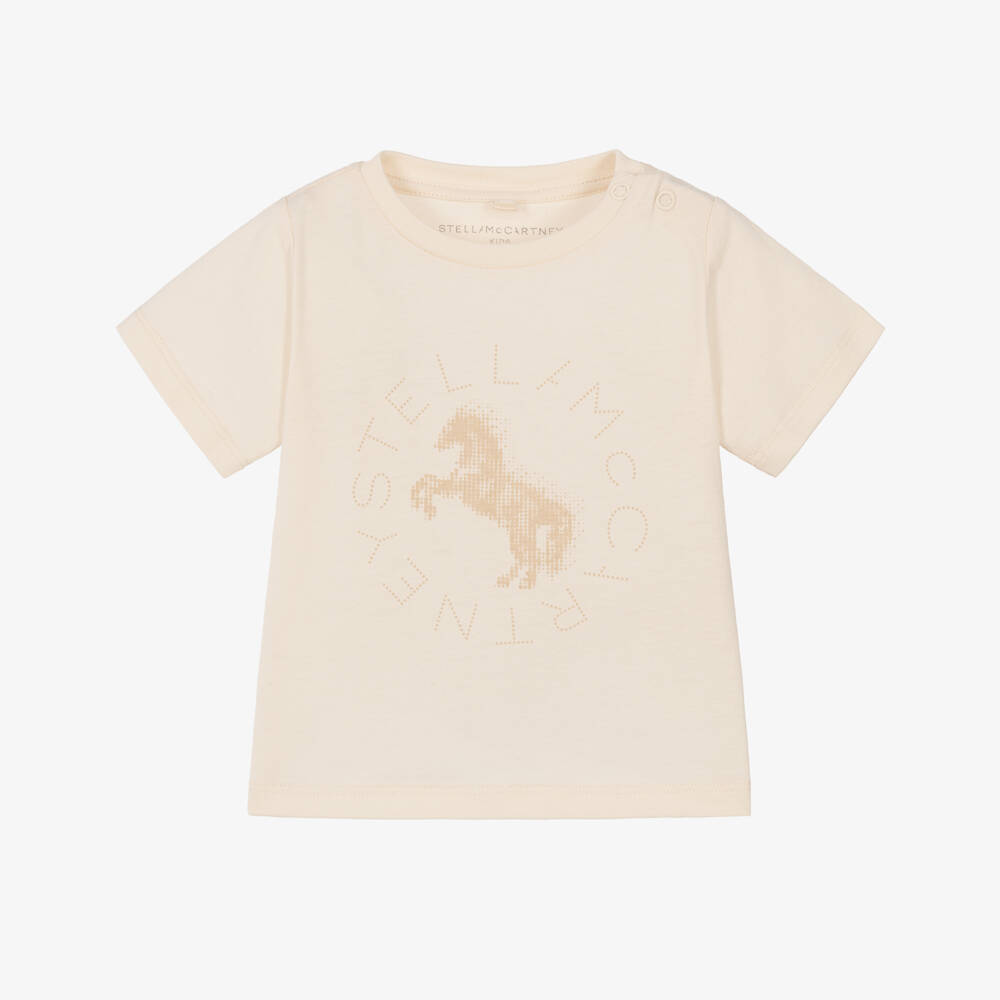 Stella McCartney Kids-Girls Beige Cotton T-Shirt with Horse Logo | Childrensalon