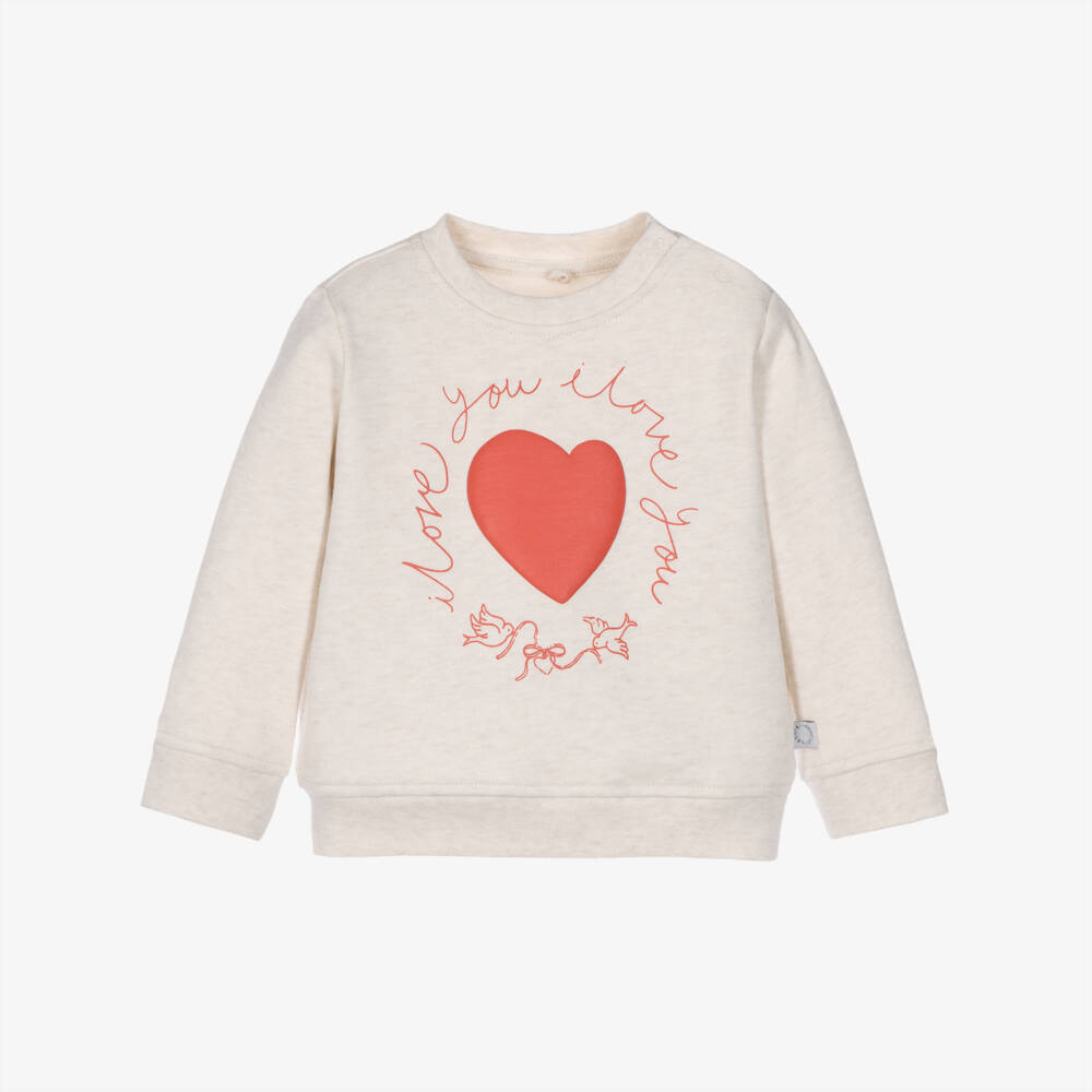 Stella McCartney Kids-Girls Beige Marl Sweatshirt with Pink Heart | Childrensalon