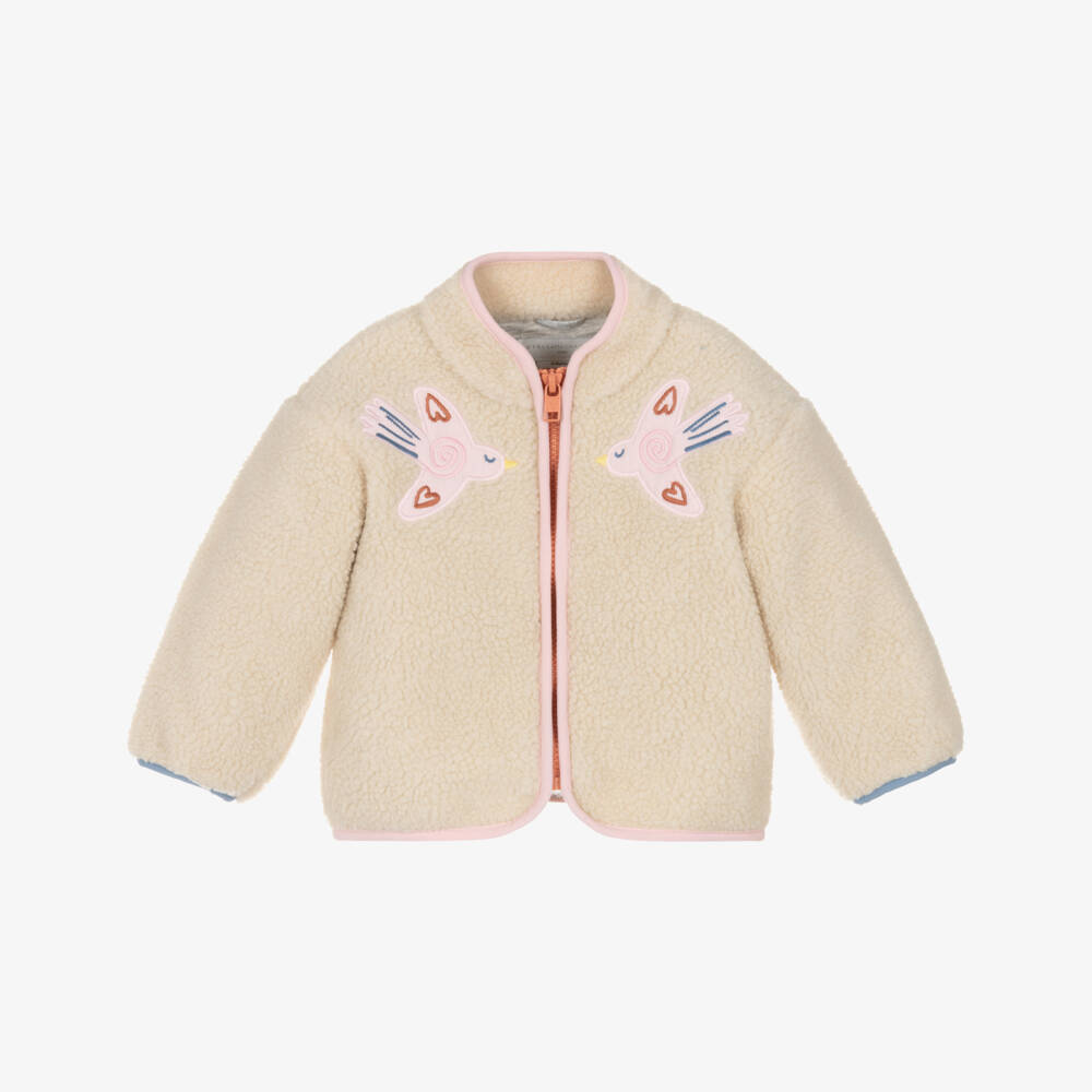 Stella McCartney Kids-Girls Beige Sherpa Fleece Jacket with Pink Appliqué Birds | Childrensalon