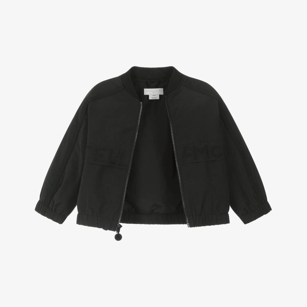 Stella McCartney Kids-Girls Black Bomber Jacker with Embroidered Perforated Logo | Childrensalon