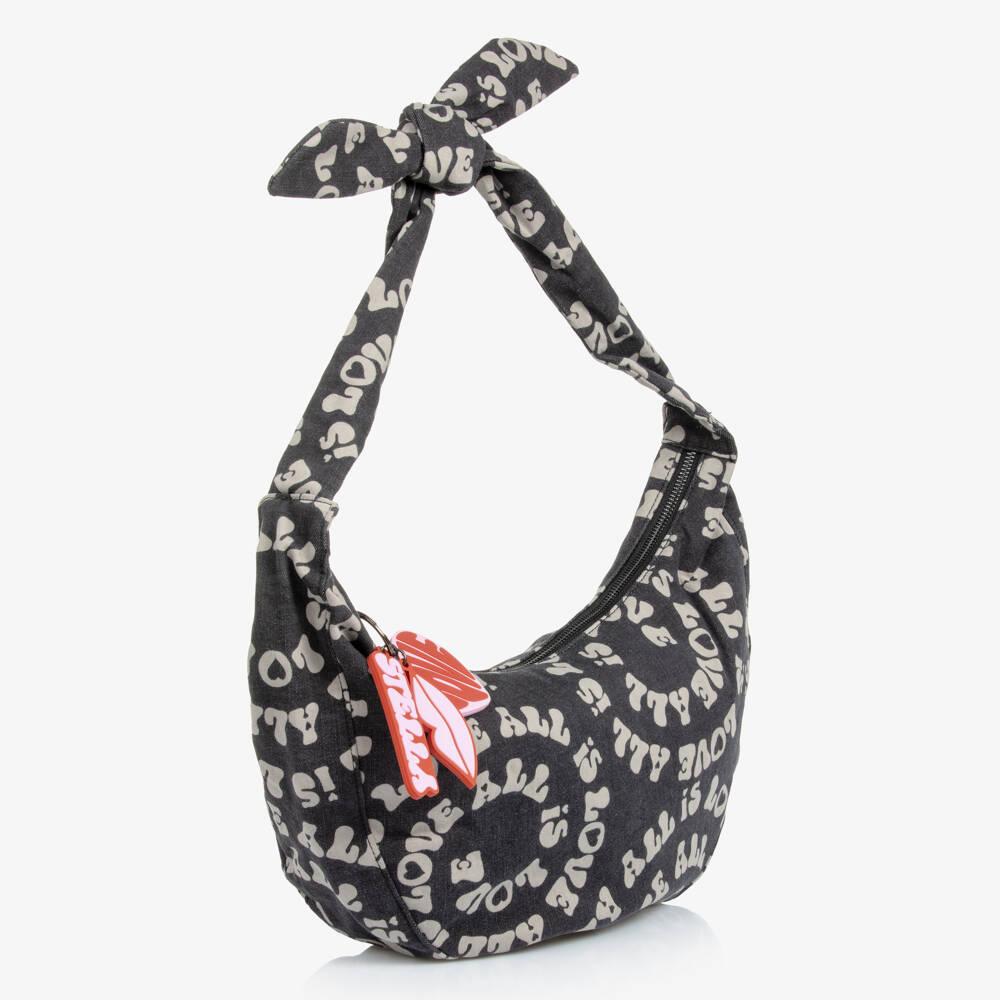 Stella McCartney Kids-Girls Black Denim Love Shoulder Bag with Key Ring (32cm) | Childrensalon