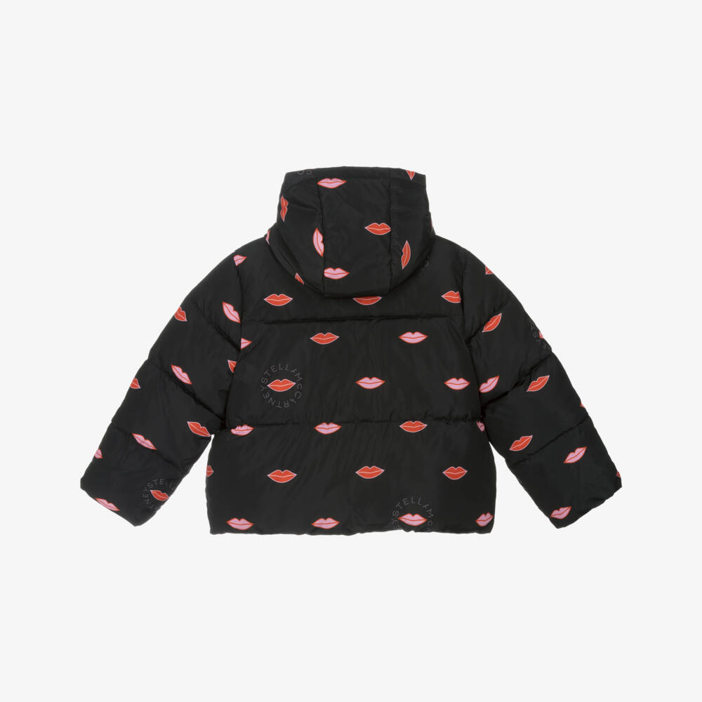 Stella McCartney Kids-Girls Black Padded Jacket with Red Lip Print | Childrensalon