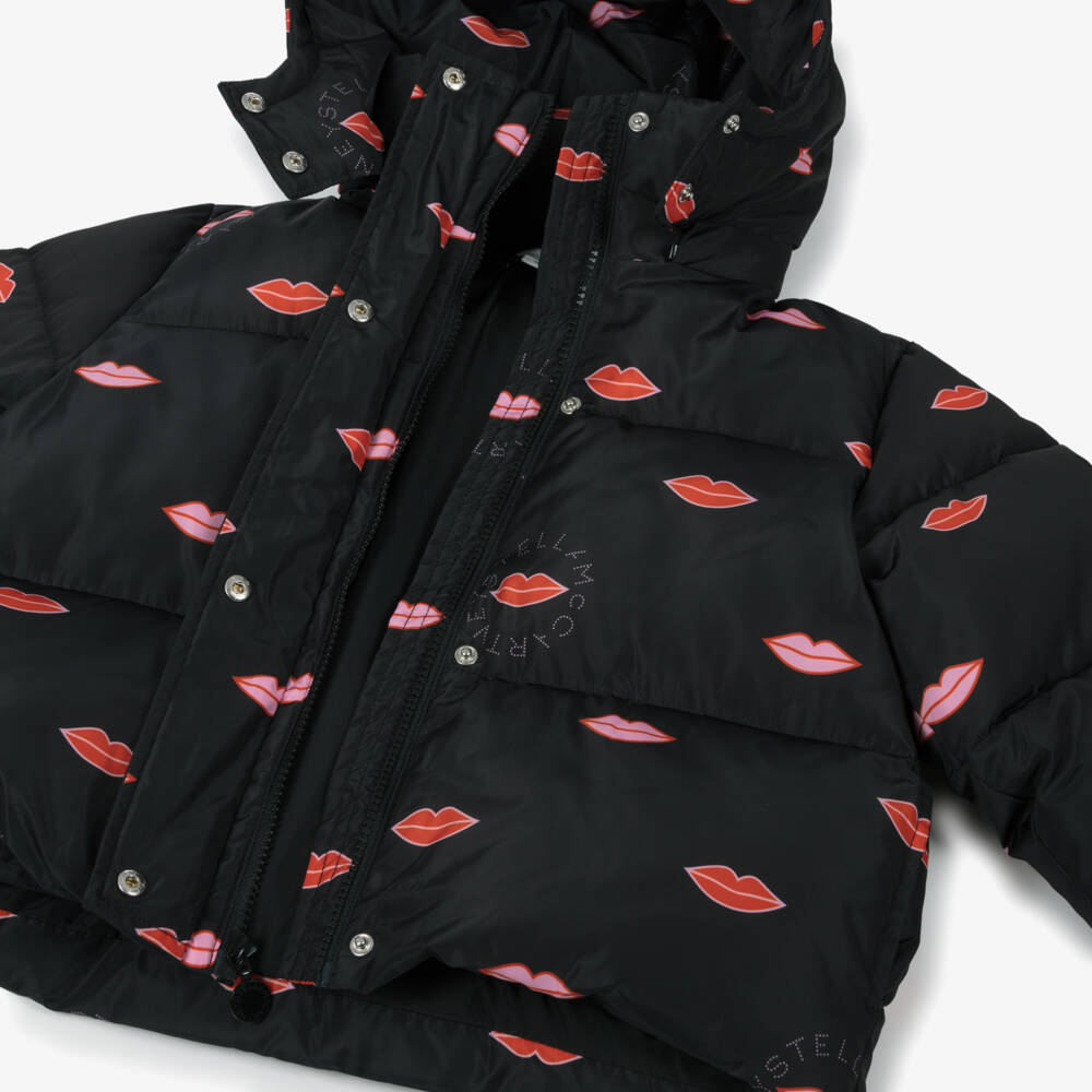 Stella McCartney Kids-Girls Black Padded Jacket with Red Lip Print | Childrensalon