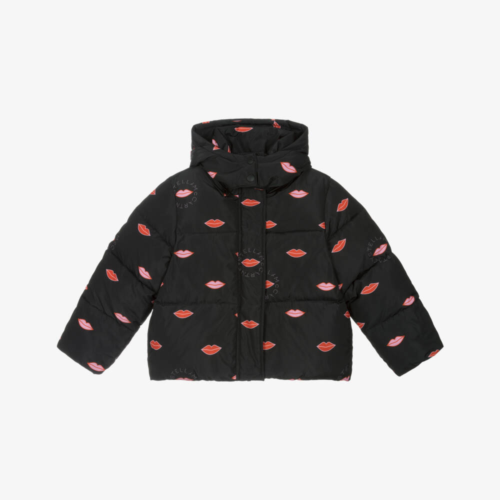 Stella McCartney Kids-Girls Black Padded Jacket with Red Lip Print | Childrensalon