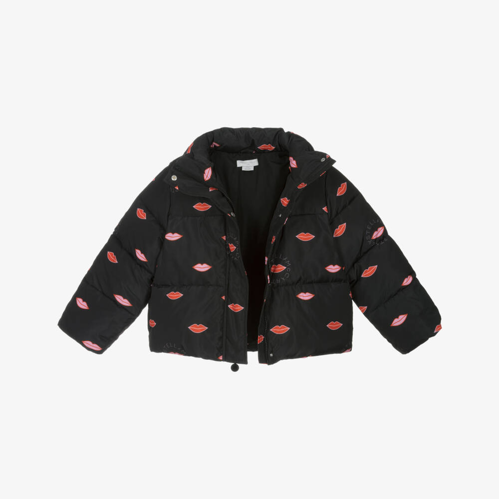 Stella McCartney Kids-Girls Black Padded Jacket with Red Lip Print | Childrensalon