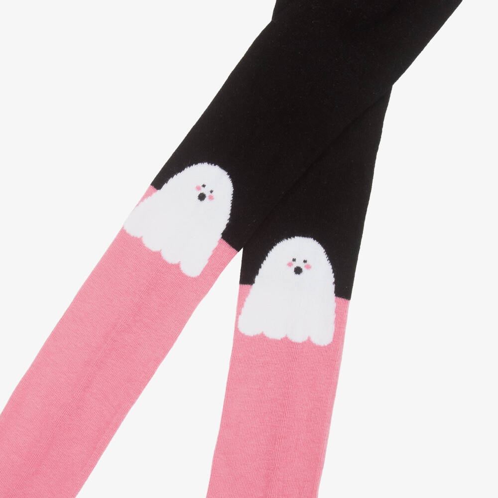 Stella McCartney Kids-Girls Black & Pink Knitted Tights With Ghost Characters | Childrensalon