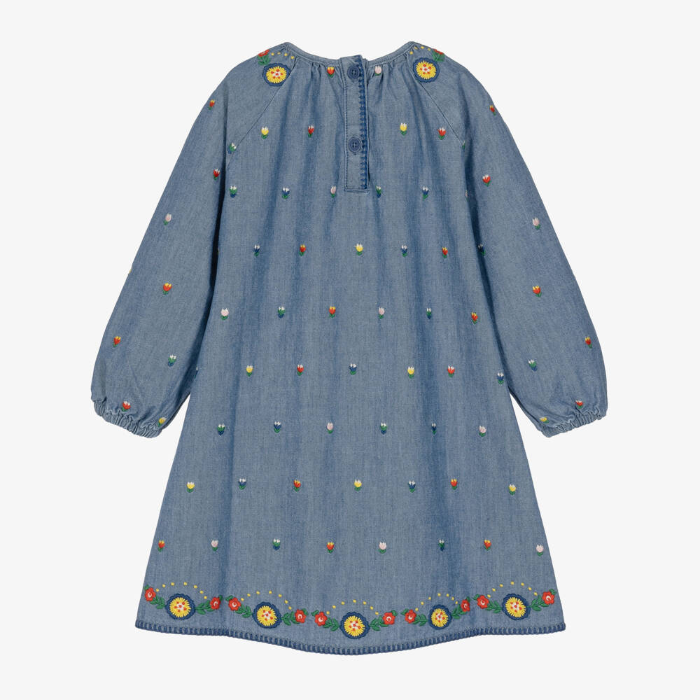 Stella McCartney Kids-Girls Blue Chambray Dress with Embroidered Flowers | Childrensalon