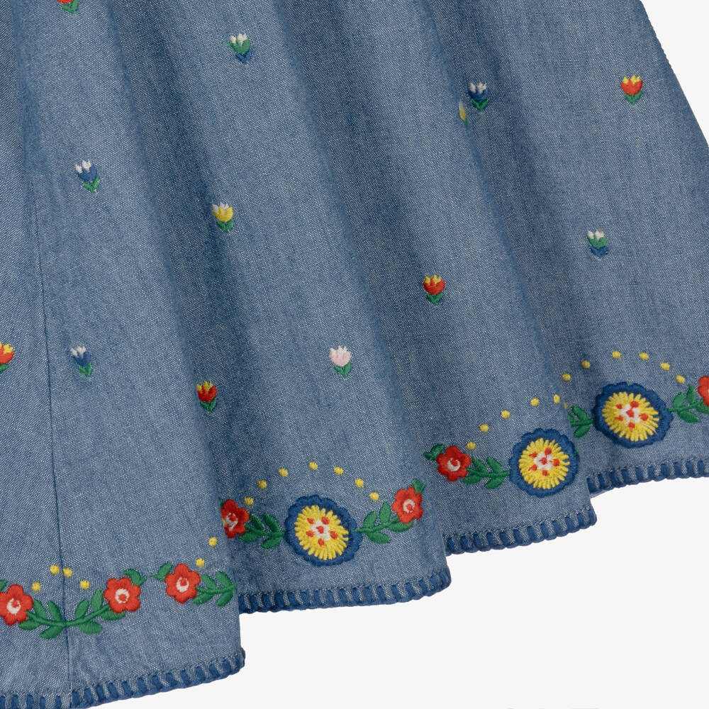 Stella McCartney Kids-Girls Blue Chambray Dress with Embroidered Flowers | Childrensalon