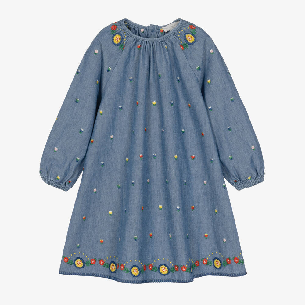 Stella McCartney Kids-Girls Blue Chambray Dress with Embroidered Flowers  | Childrensalon