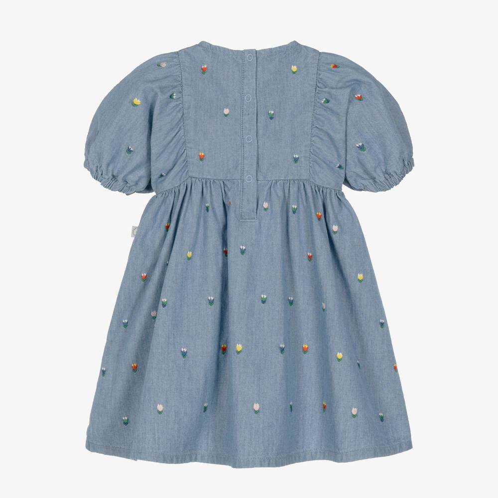 Stella McCartney Kids-Girls Blue Chambray Dress with Floral Embroidery | Childrensalon