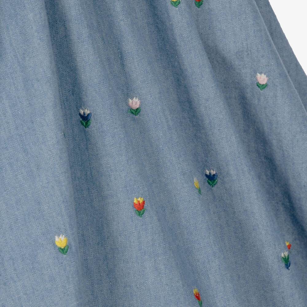 Stella McCartney Kids-Girls Blue Chambray Dress with Floral Embroidery | Childrensalon