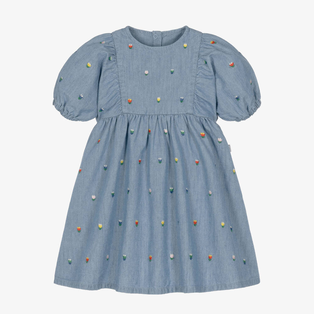 Stella McCartney Kids-Girls Blue Chambray Dress with Floral Embroidery | Childrensalon