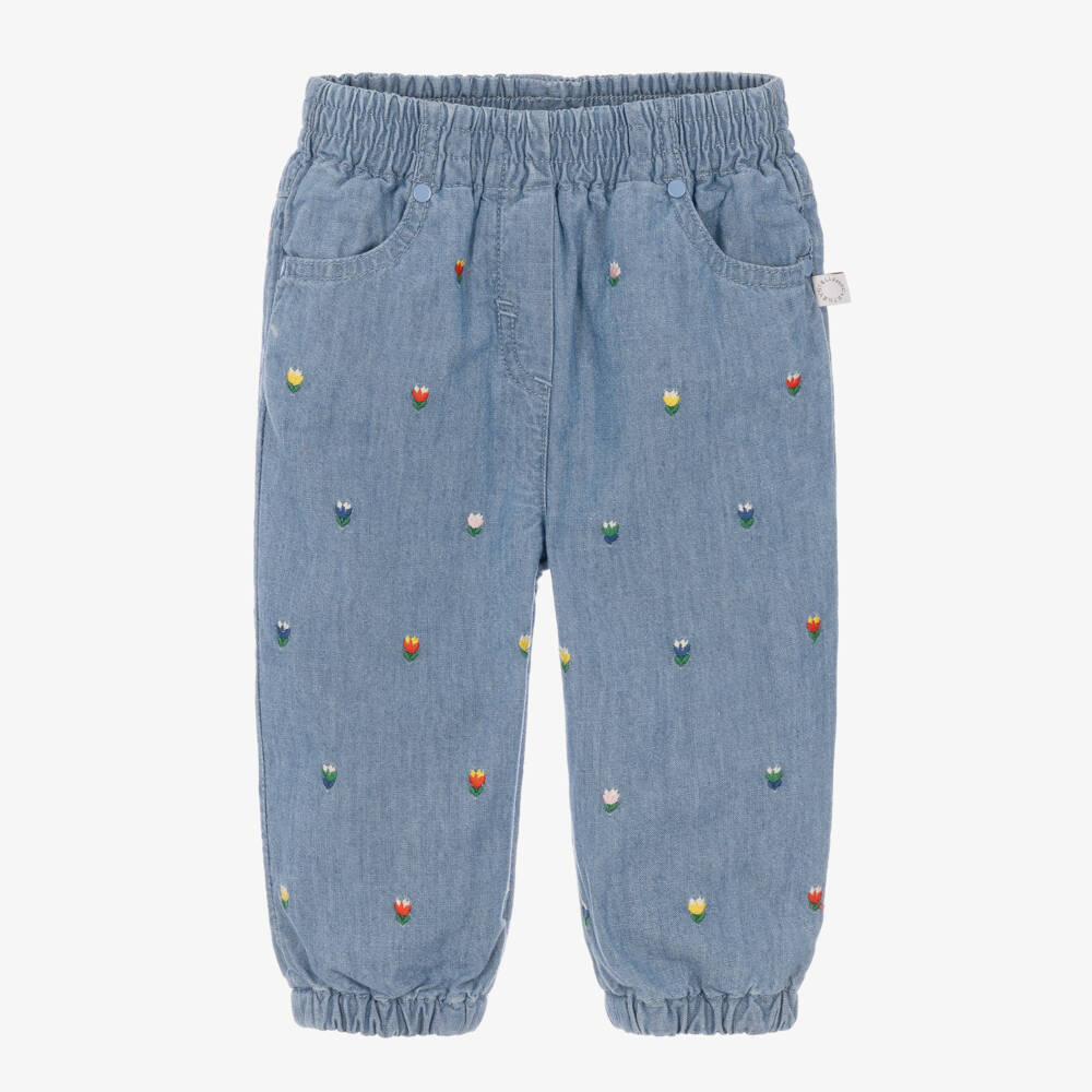 Stella McCartney Kids-Girls Blue Chambray Jeans with Embroidered Flowers | Childrensalon