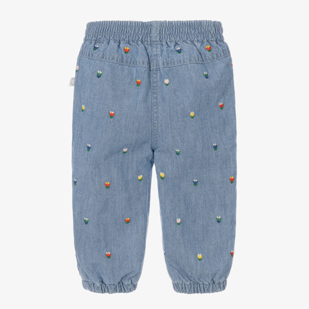 Stella McCartney Kids-Girls Blue Chambray Jeans with Embroidered Flowers | Childrensalon