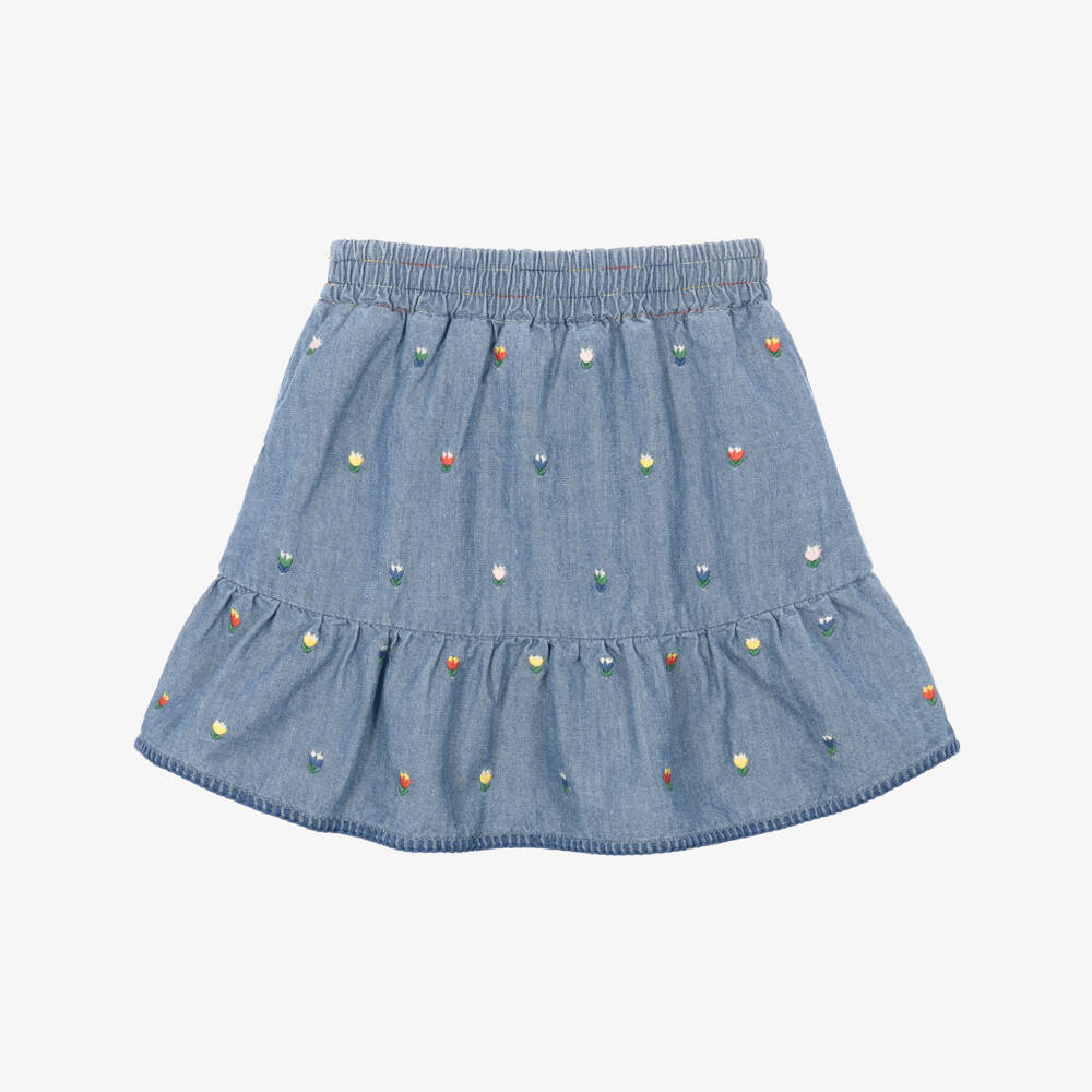 Stella McCartney Kids-Girls Blue Chambray Skirt with Embroidered Flowers | Childrensalon